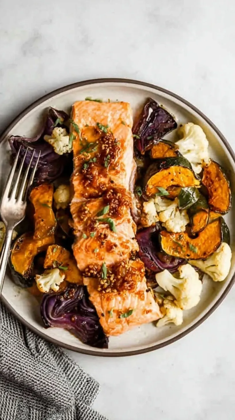 A sheet pan with glazed salmon fillets and roasted butternut squash cubes topped with scallions