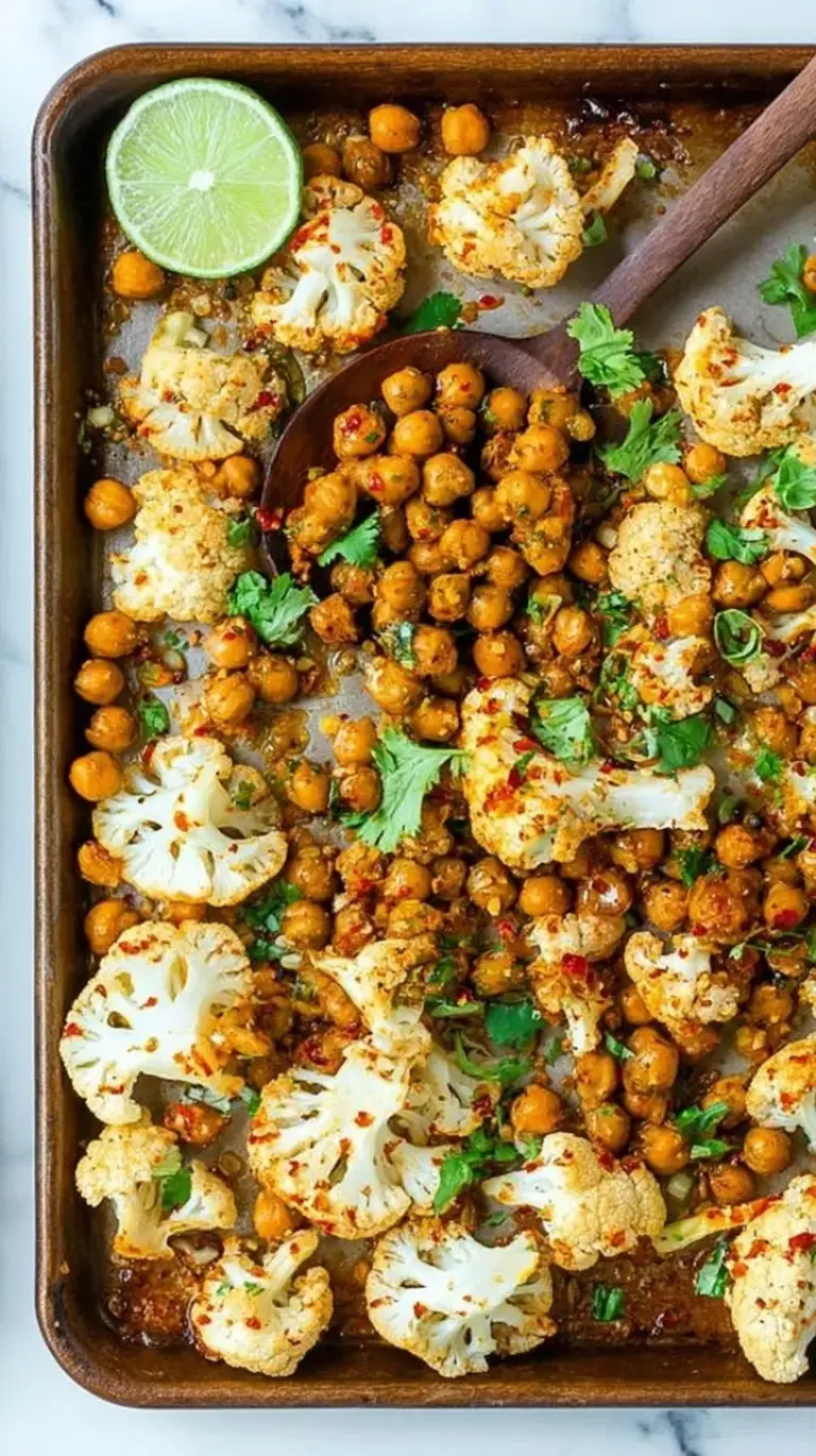 Roasted sriracha cauliflower and chickpeas on a parchment-lined sheet pan garnished with green onions