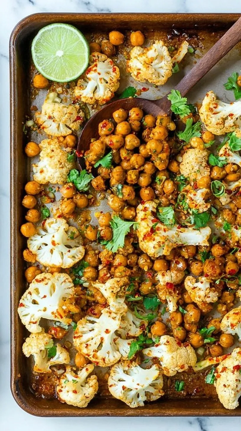 Roasted sriracha cauliflower and chickpeas on a parchment-lined sheet pan garnished with green onions