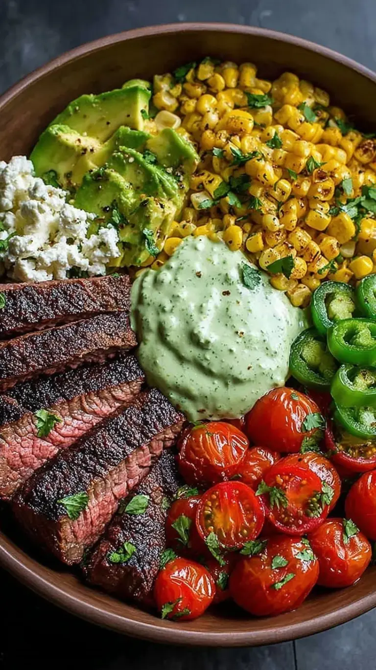 A vibrant steak and avocado bowl with charred corn, black beans, and green cilantro sauce