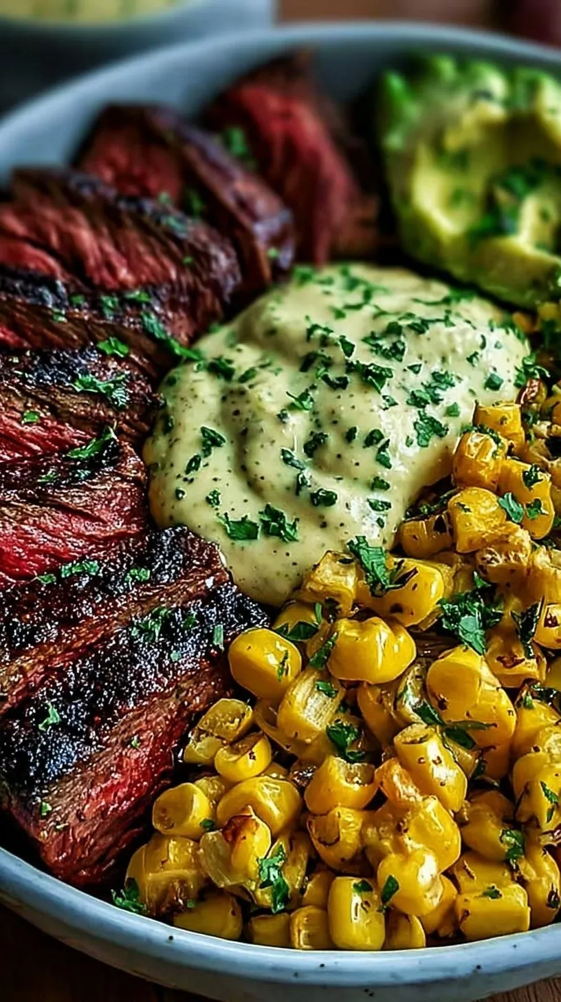 A vibrant Steak Avocado Corn Bowl with seared flank steak, charred corn, black beans, and sliced avocado over white rice.