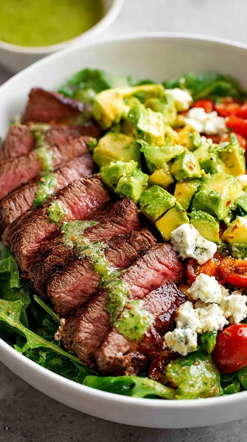 Sliced seared flank steak and avocado over a bed of mixed greens with cherry tomatoes