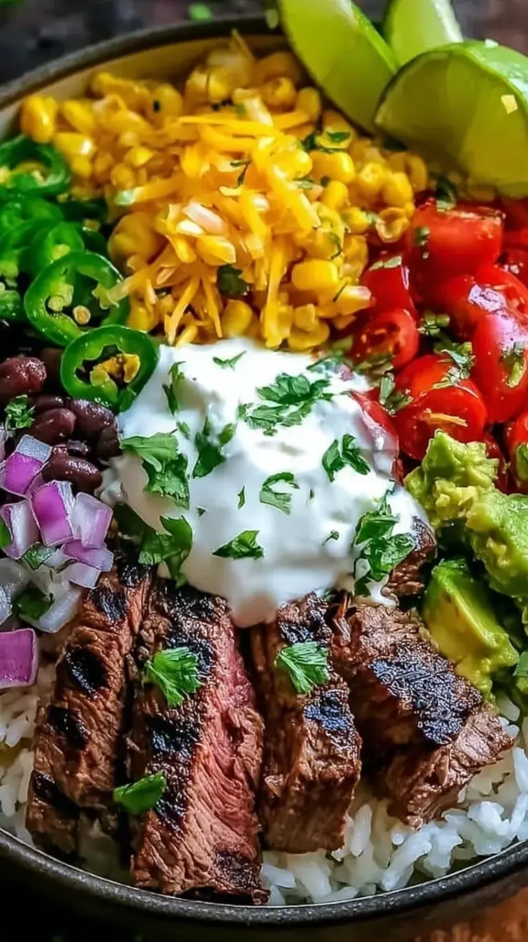 A colorful steak burrito bowl with sliced flank steak, cilantro lime rice, black beans, corn, and avocado.