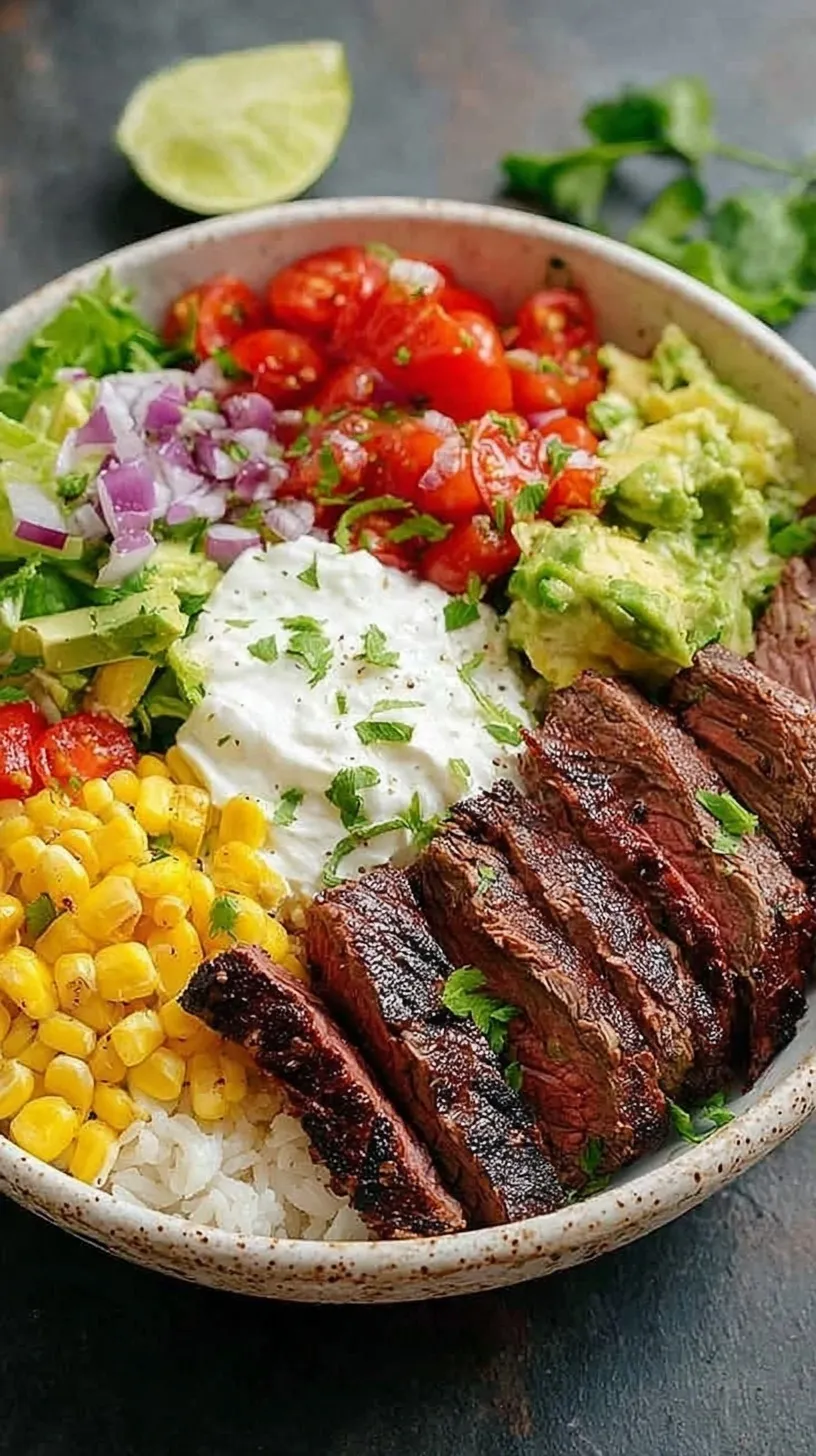 A colorful Steak Burrito Bowl with grilled steak, corn salsa, and guacamole.