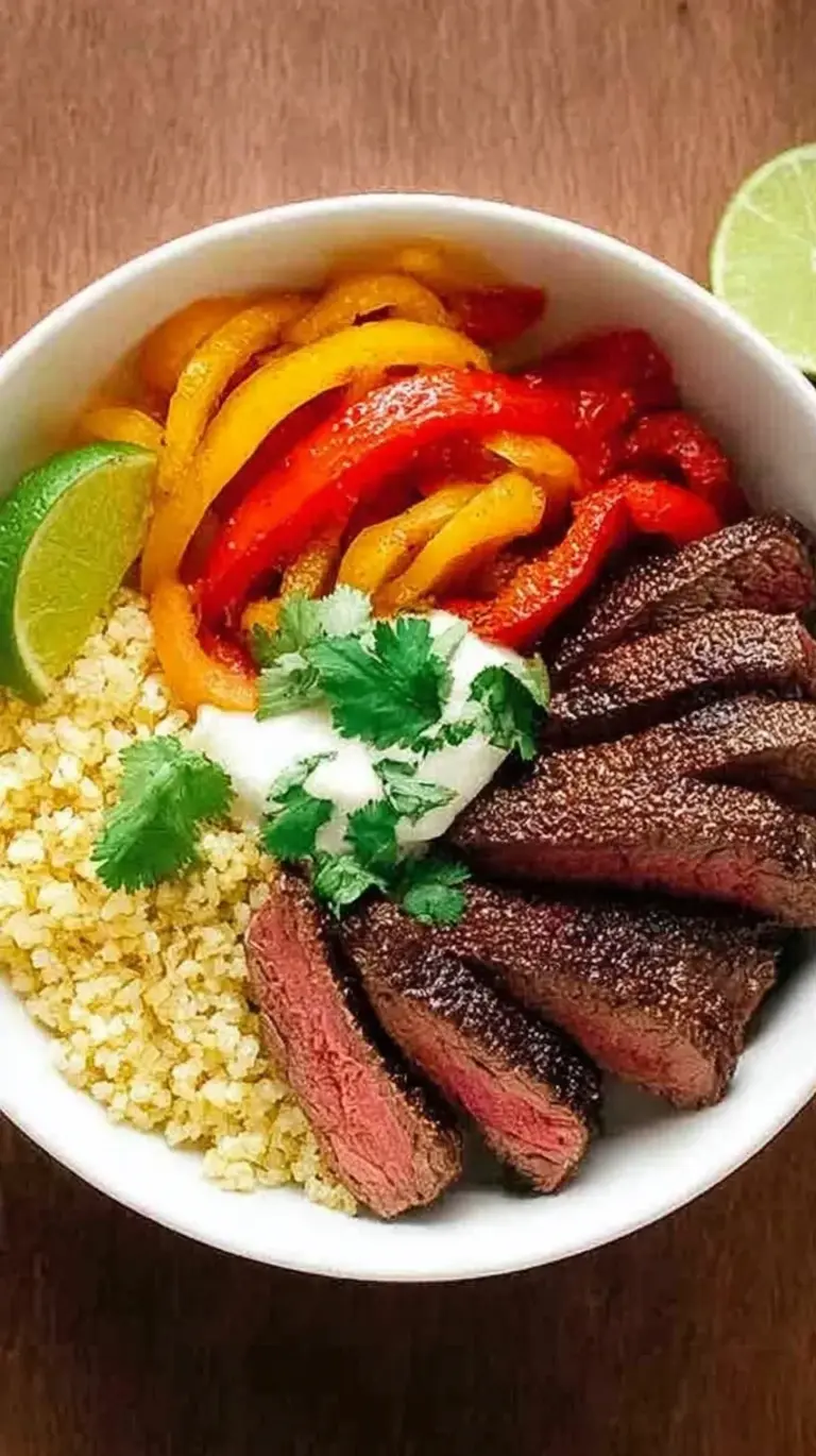 A colorful Steak Fajita Bowl with sliced flank steak, peppers, onions, and avocado over cilantro lime rice.