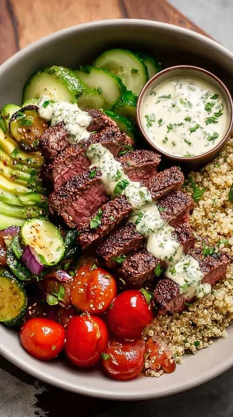 A vibrant Steak Quinoa Bowl with sliced sirloin, fresh spinach, cherry tomatoes, and cucumber.
