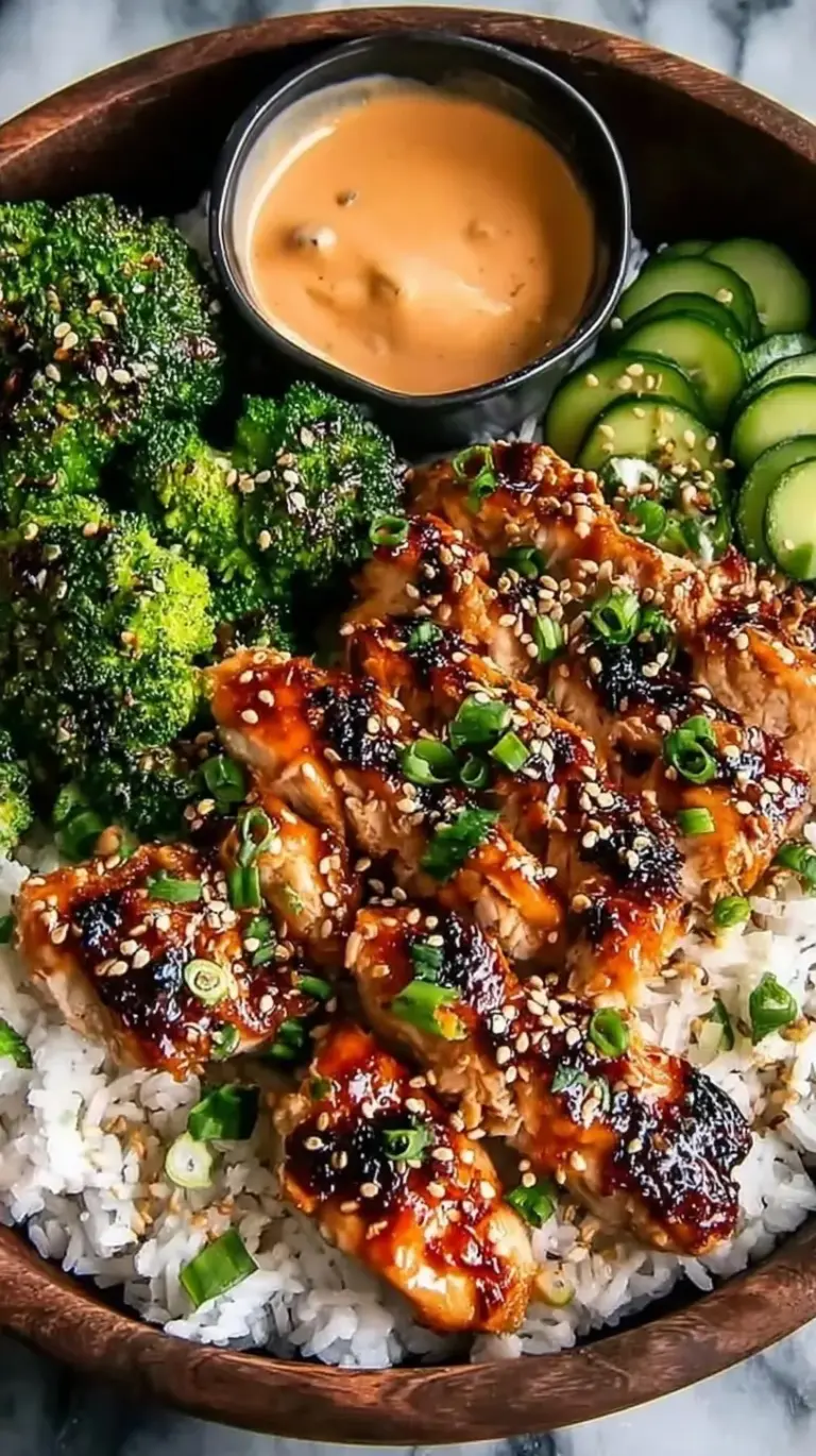 Glossy glazed chicken thighs served over white jasmine rice in a bowl with cucumber slices and green onions