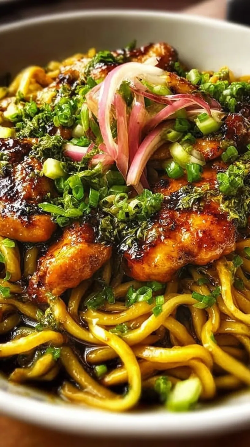 A steaming bowl of Sticky Garlic Chicken Noodles topped with green onions and sesame seeds.
