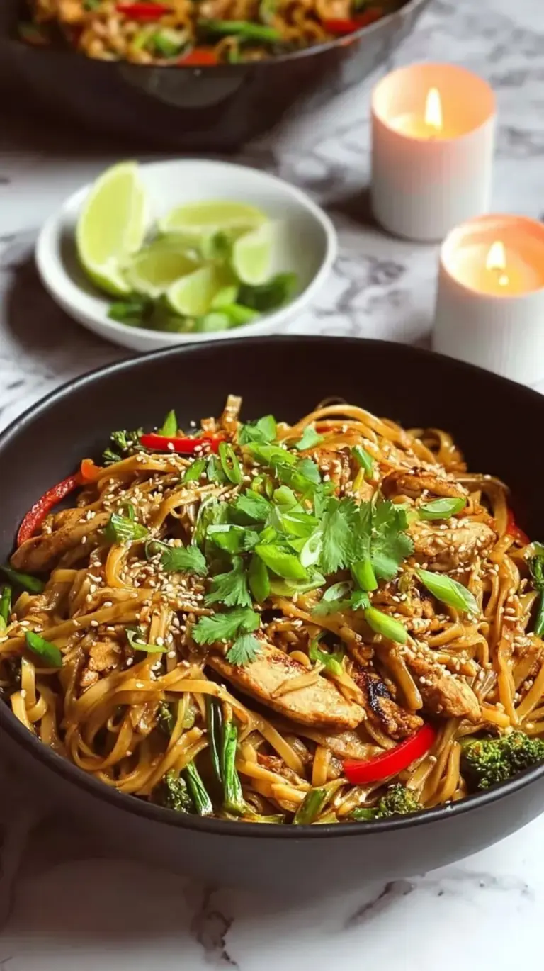 A close-up of glossy Sticky Hoisin Garlic Chicken Noodles with broccoli and red peppers in a wok.