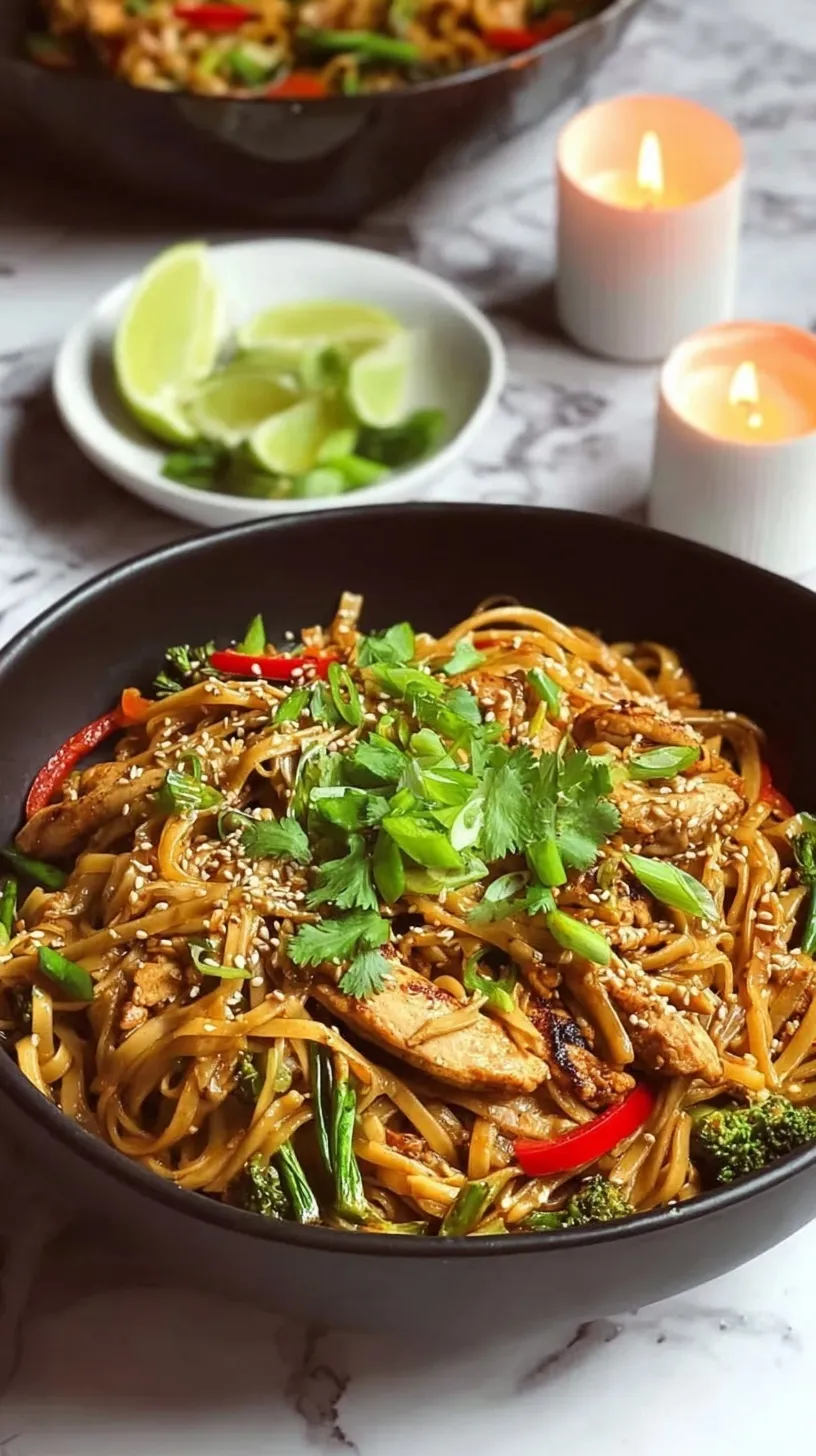 A close-up of glossy Sticky Hoisin Garlic Chicken Noodles with broccoli and red peppers in a wok.