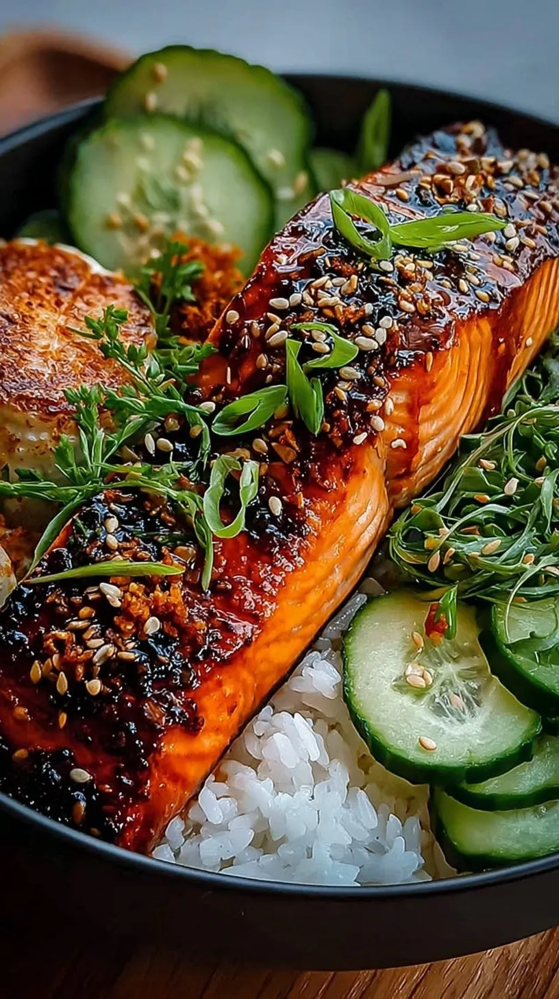 A glazed Sticky Orange Gochujang Salmon fillet over jasmine rice with broccoli and cucumber