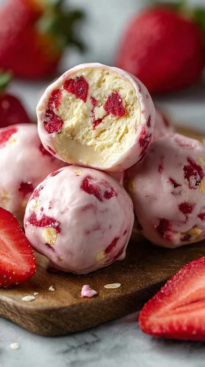 A tray of round strawberry cheesecake protein balls with pink strawberry flecks