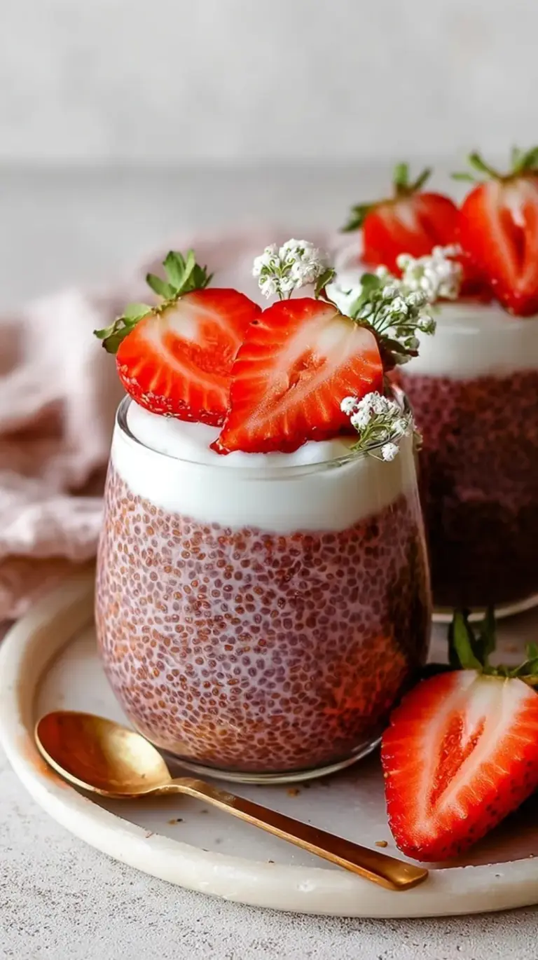 Two glass jars filled with pink strawberry chia pudding topped with fresh berries and mint.