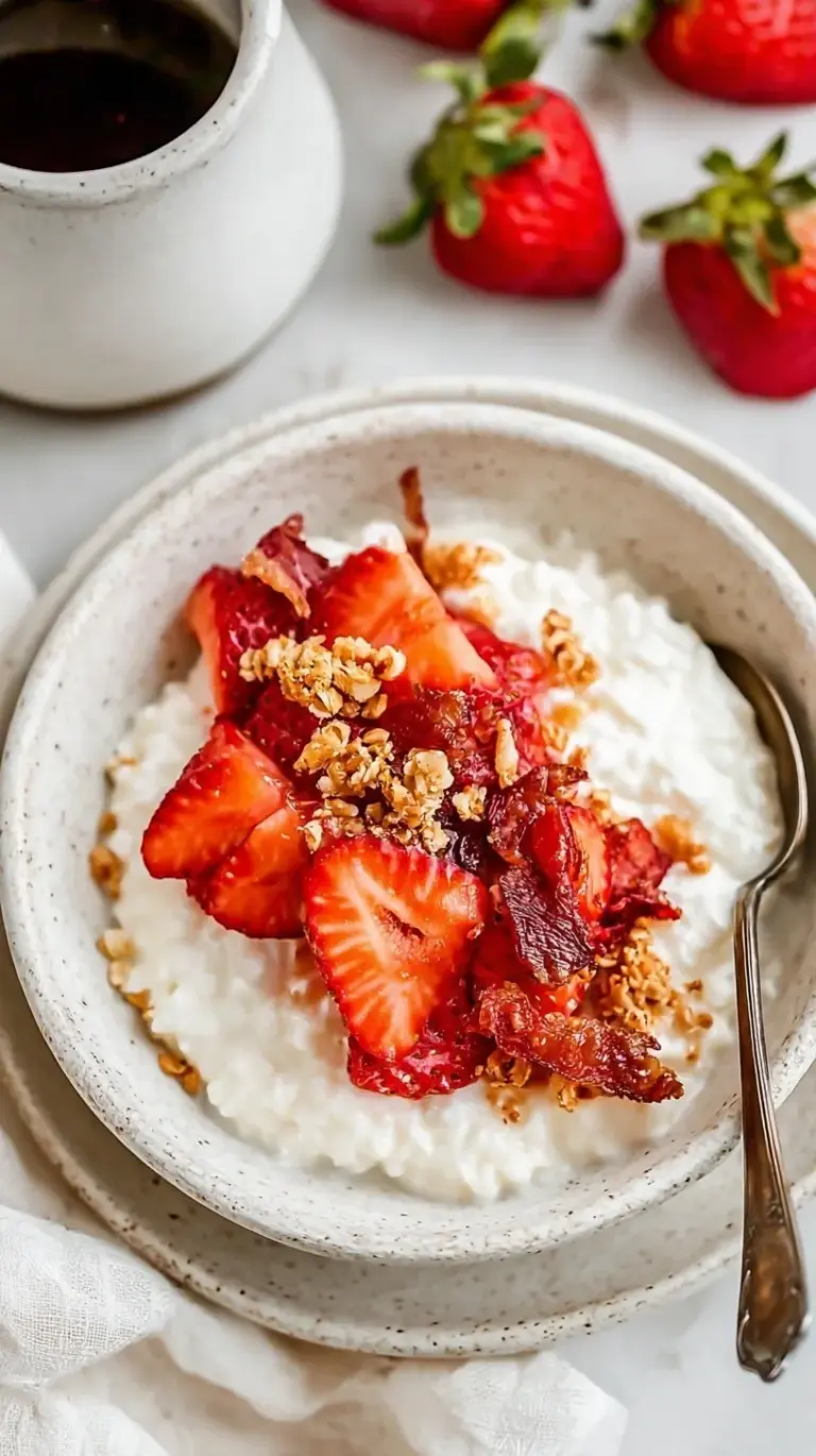 Creamy cottage cheese bowl topped with sliced strawberries, almonds, and honey drizzle