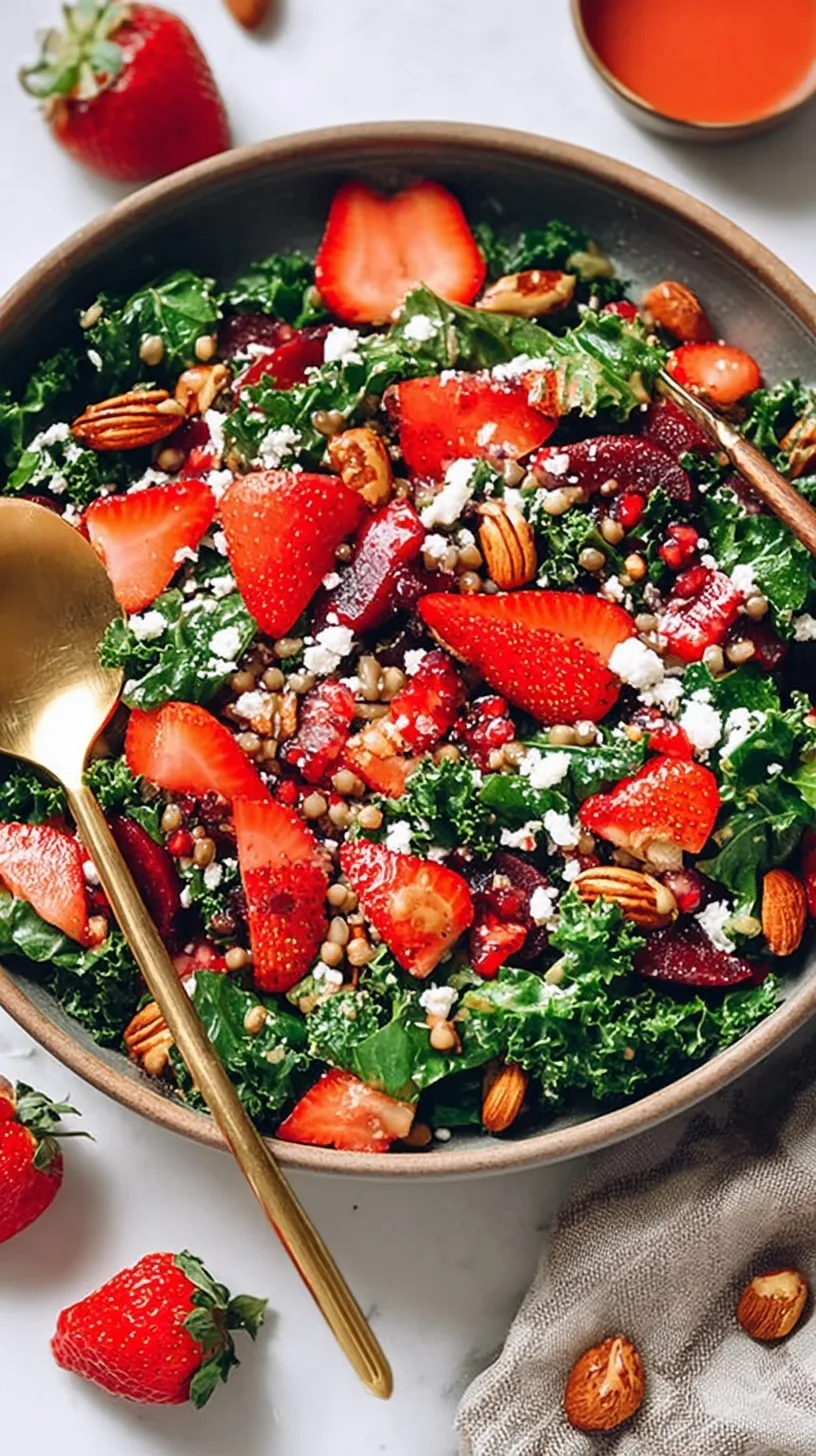 A vibrant Strawberry Kale Salad in a large bowl with sliced strawberries, feta cheese, and walnuts.