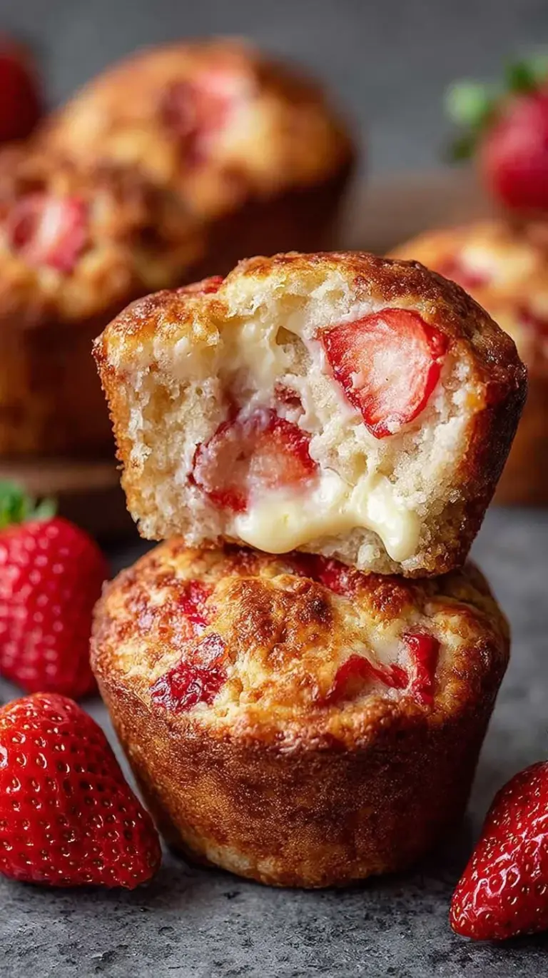 A stack of freshly baked Strawberry Protein Muffins on a wire rack with fresh berries nearby.