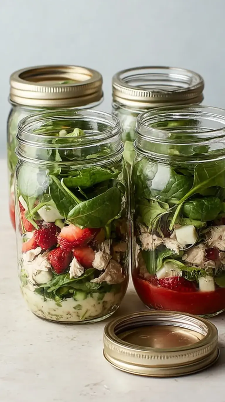 A layered mason jar salad with balsamic dressing, strawberries, blueberries, goat cheese, and fresh spinach.