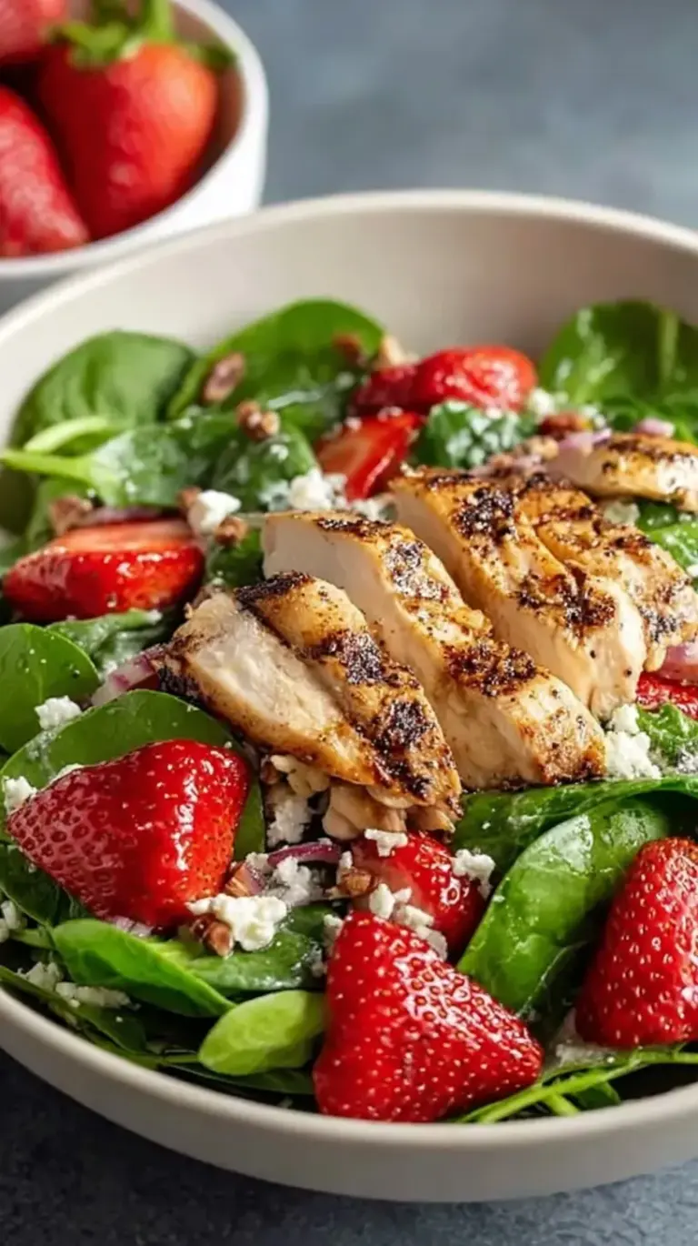 A vibrant strawberry spinach salad with grilled chicken strips, feta, and pecans in a white bowl.