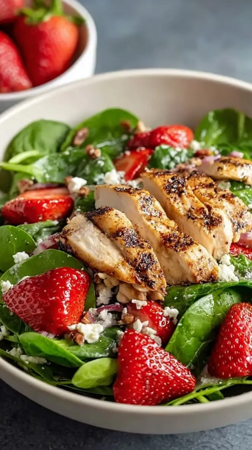 A vibrant strawberry spinach salad with grilled chicken strips, feta, and pecans in a white bowl.