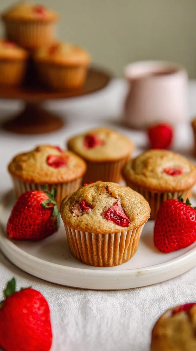 A close up shot of golden brown strawberry yogurt muffins with fresh berry chunks