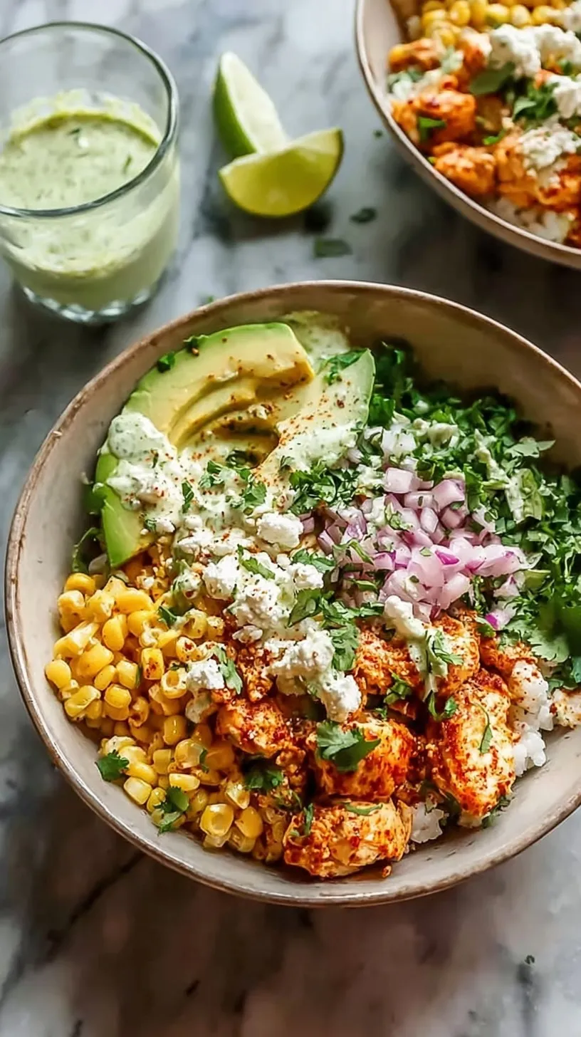 A vibrant bowl filled with cilantro-lime rice, seasoned chicken, charred street corn salad, and sliced avocado.