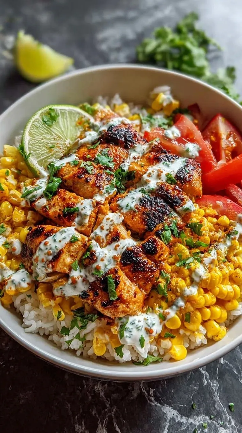 A vibrant rice bowl topped with spiced chicken cubes and creamy charred street corn with cotija cheese and cilantro.