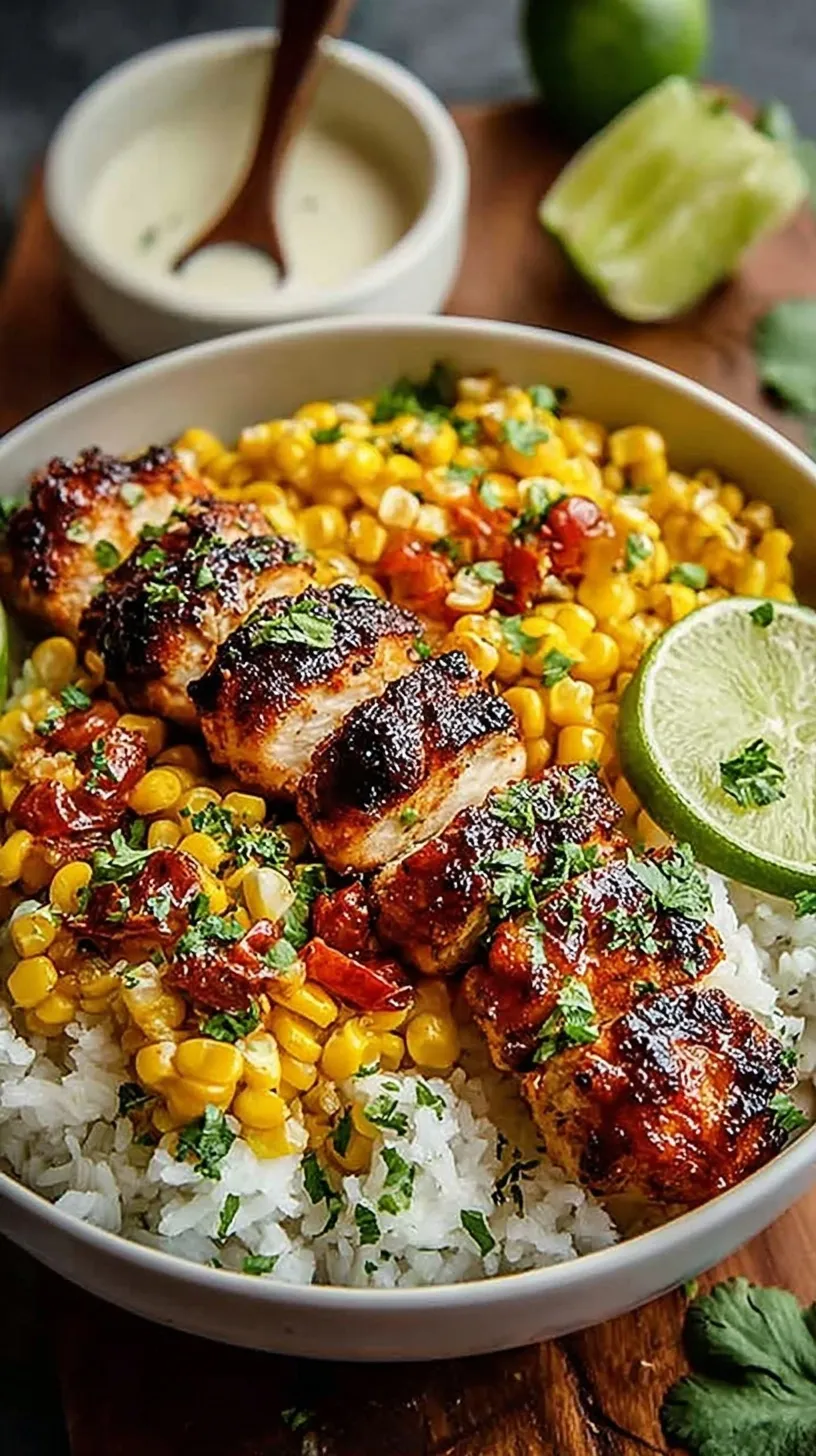 A vibrant bowl featuring spiced chicken, charred corn, cilantro rice, and cotija cheese.