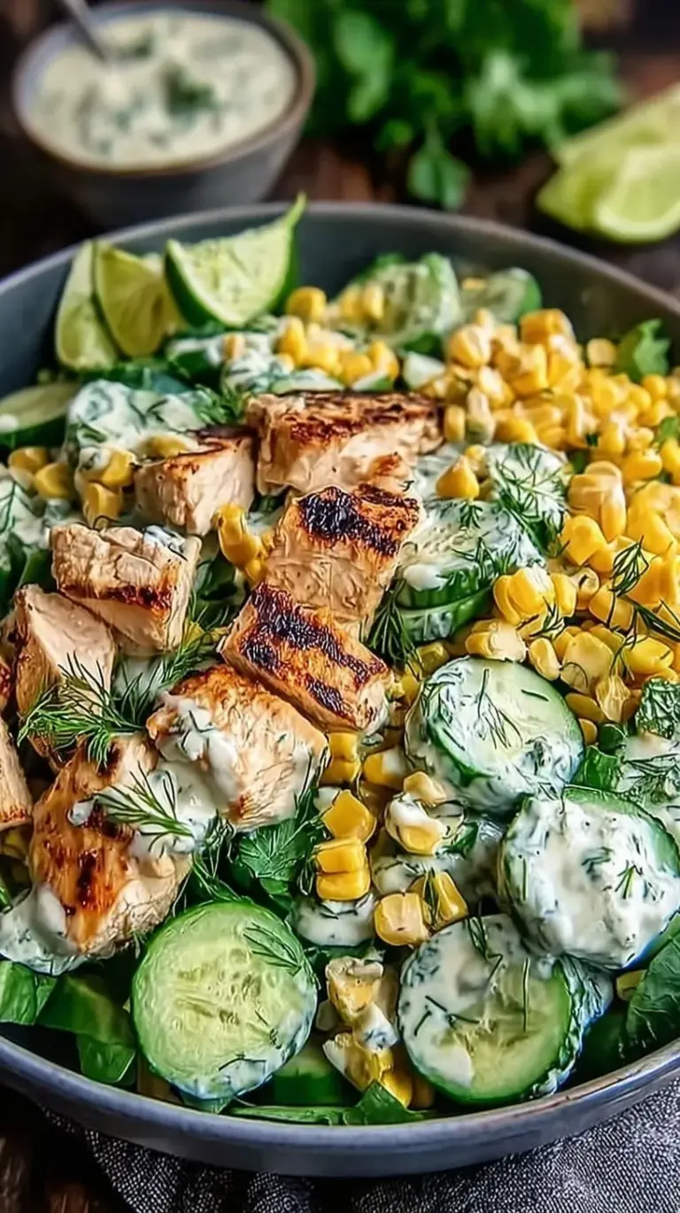 A bowl of creamy street corn chicken salad with charred corn, diced cucumbers, and crumbled cotija cheese.