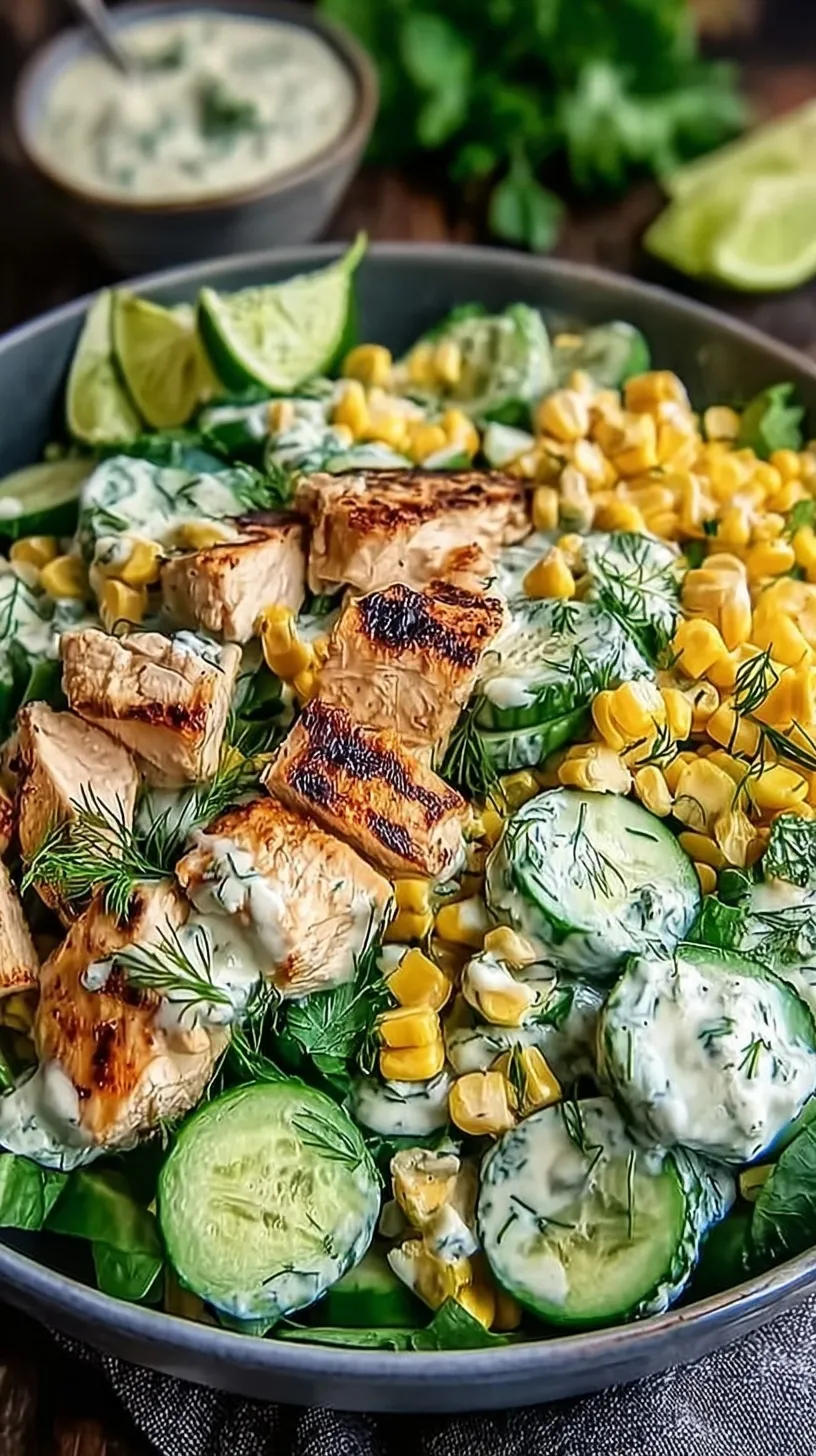 A bowl of creamy street corn chicken salad with charred corn, diced cucumbers, and crumbled cotija cheese.