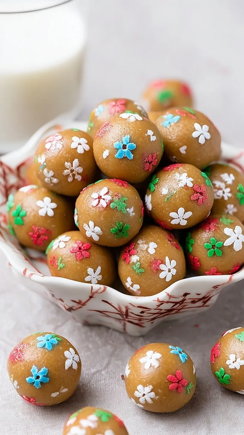 A plate of round sugar cookie protein balls topped with rainbow sprinkles