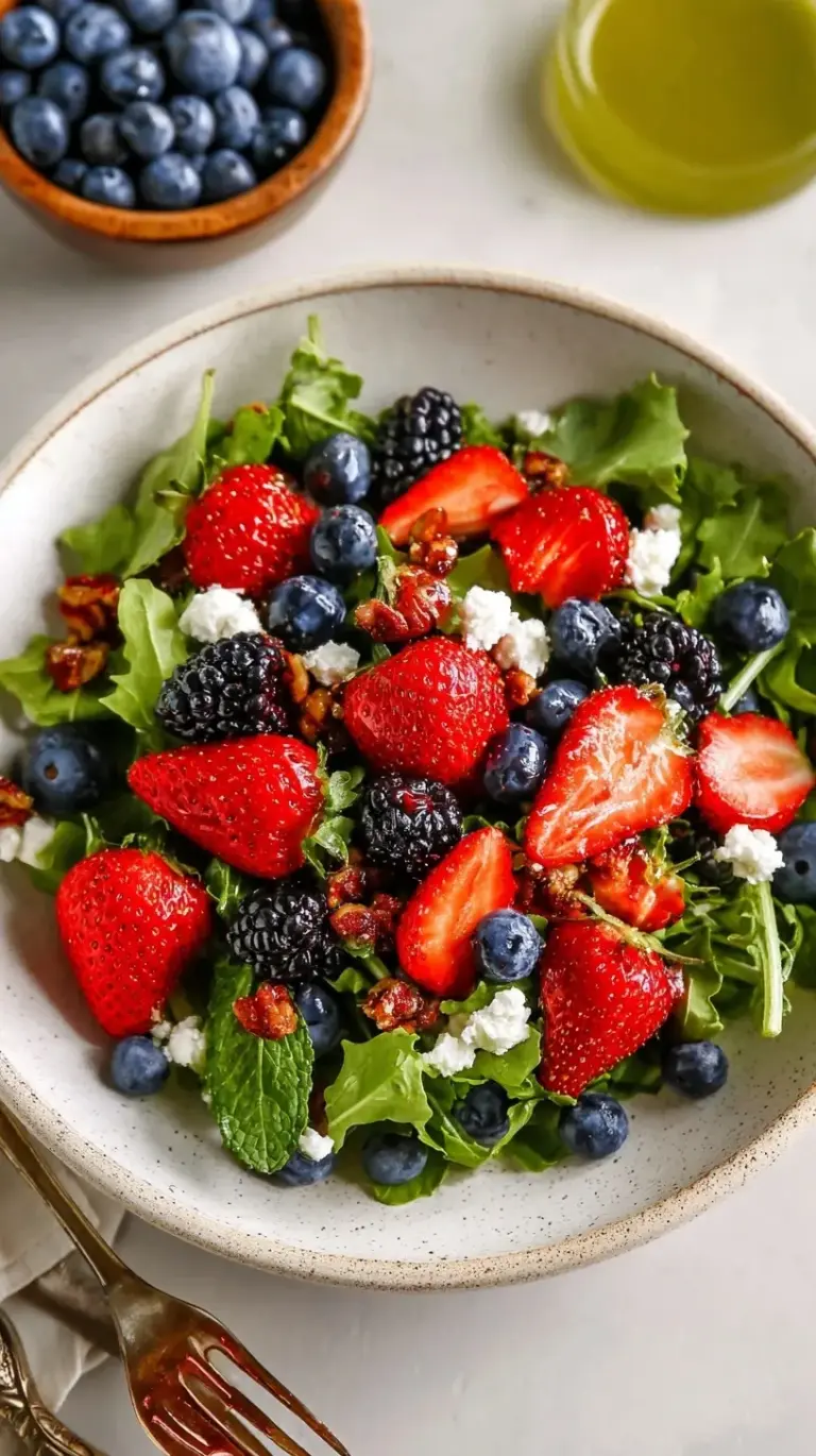 A vibrant bowl of fresh strawberries, blueberries, raspberries, and blackberries tossed in a lime mint dressing.