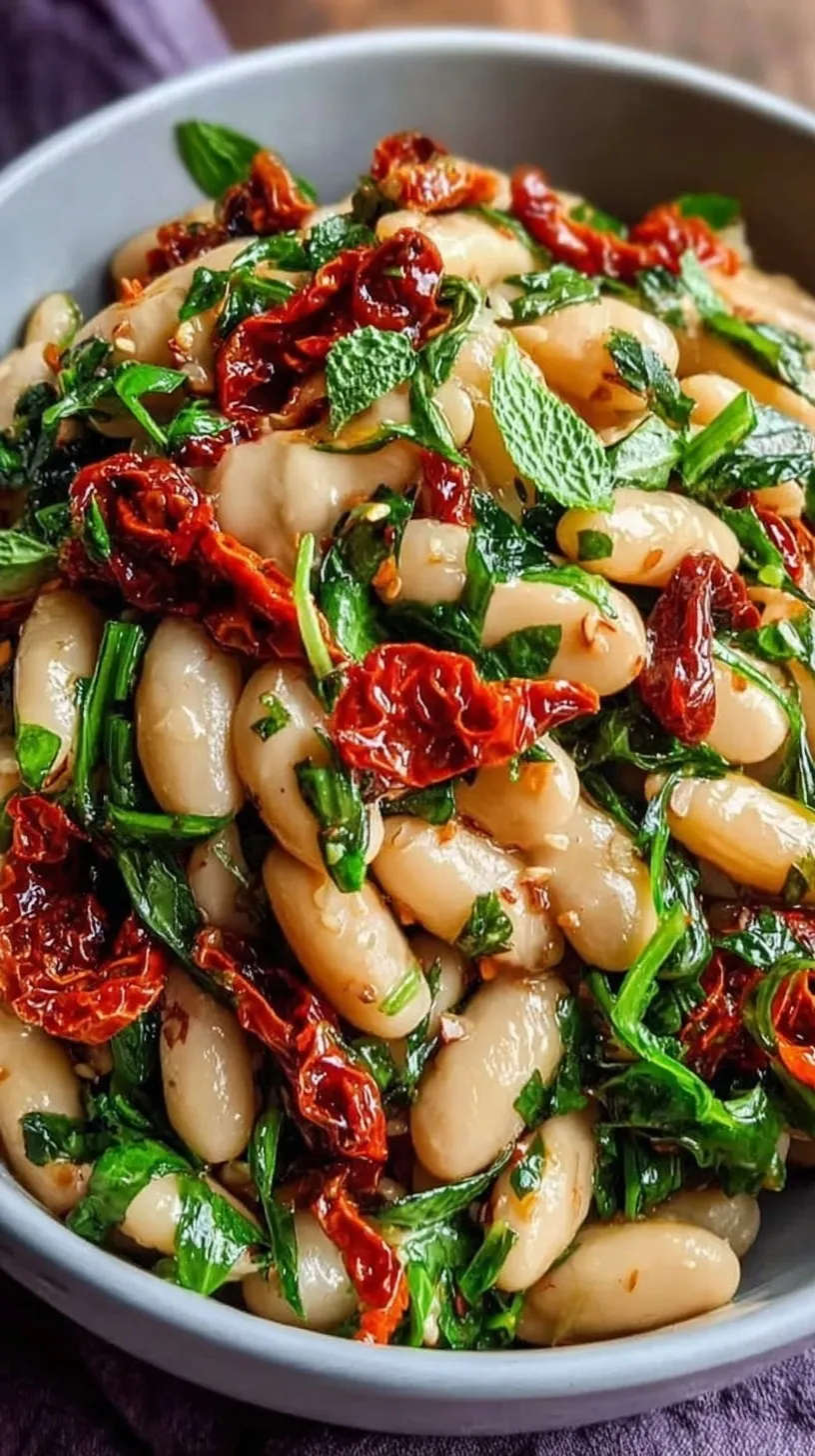 A vibrant white bean salad with sun-dried tomatoes, red onion, and fresh parsley in a large bowl.