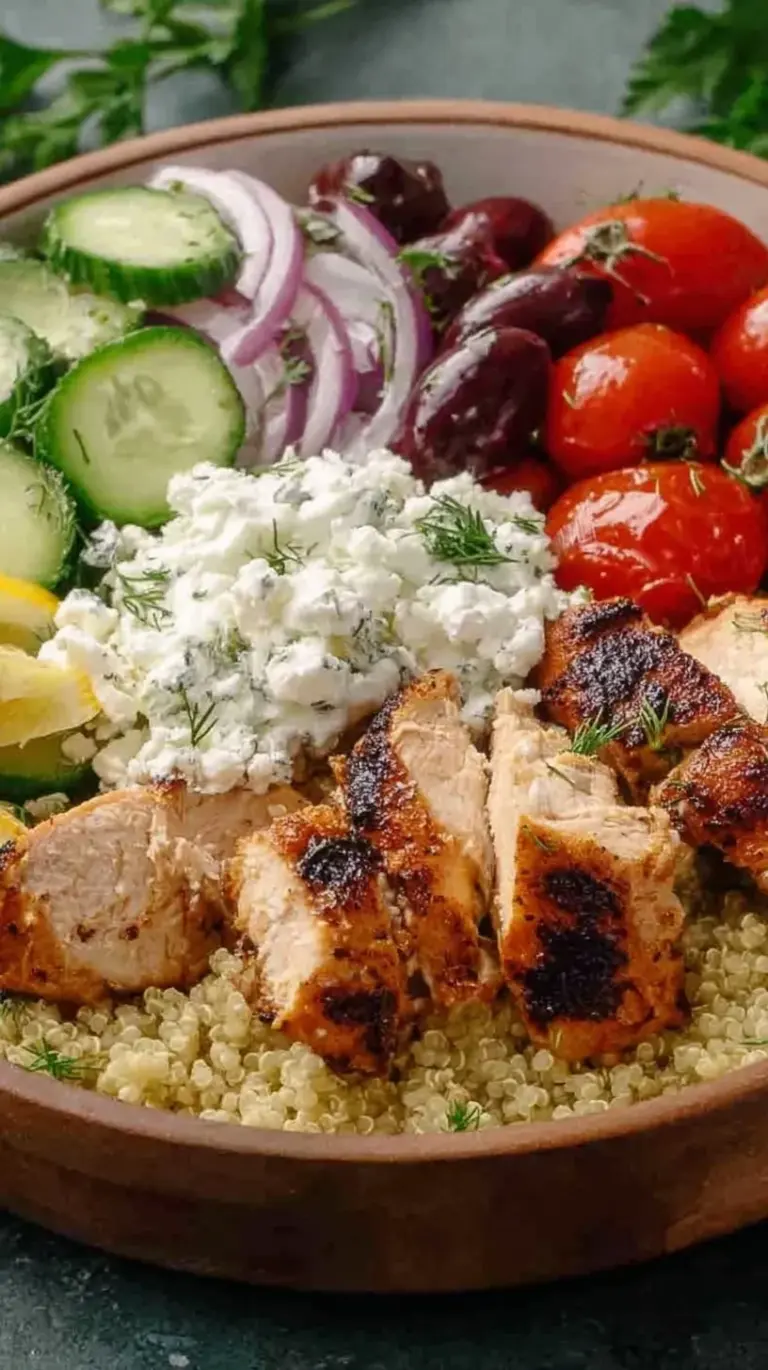 A vibrant Mediterranean bowl with grilled chicken, feta cheese, olives, and fresh cucumbers over lemony quinoa.