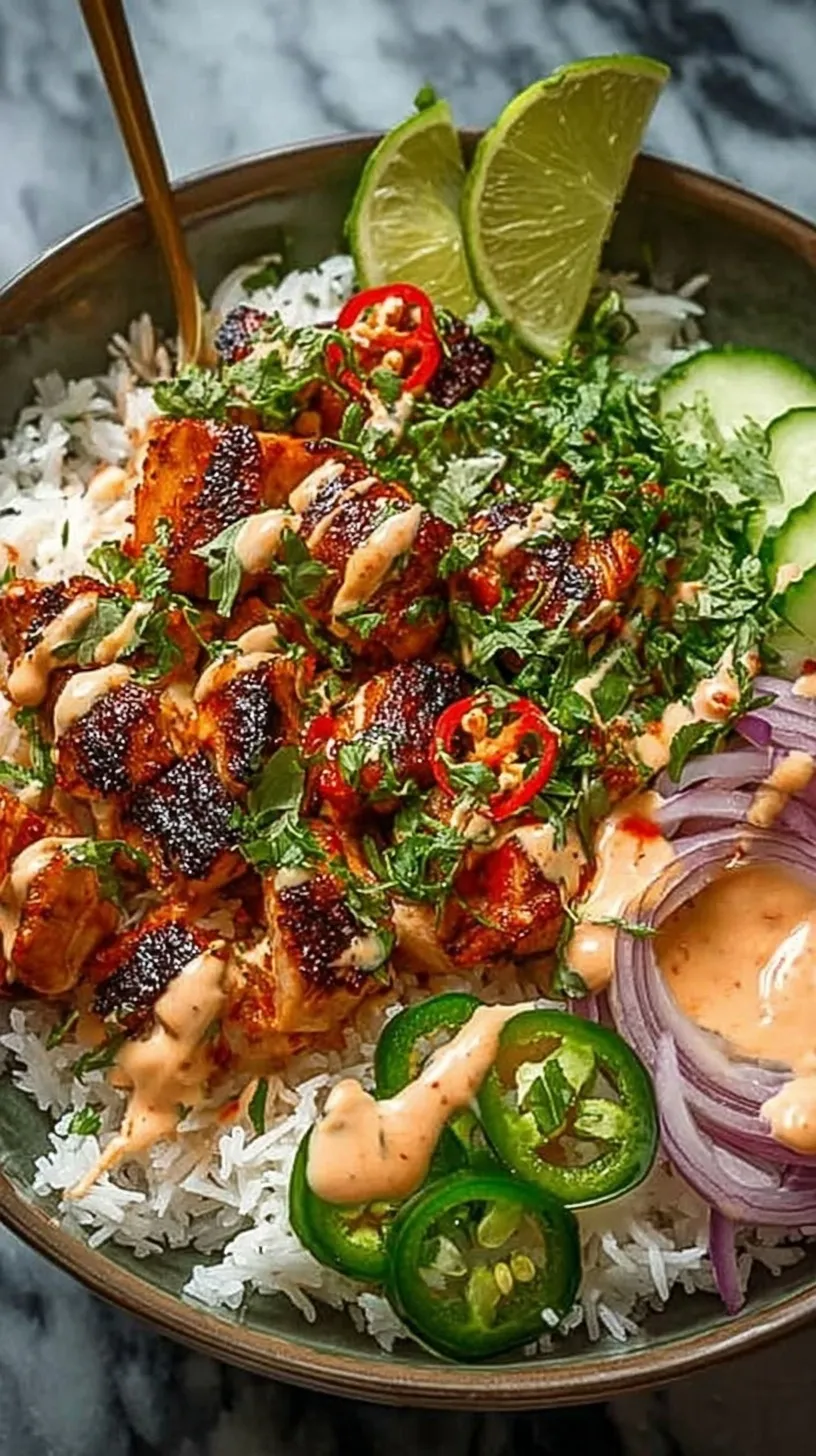 A vibrant bowl of sweet chili chicken with julienned carrots, cucumber, and red peppers over jasmine rice with a coconut lime drizzle.