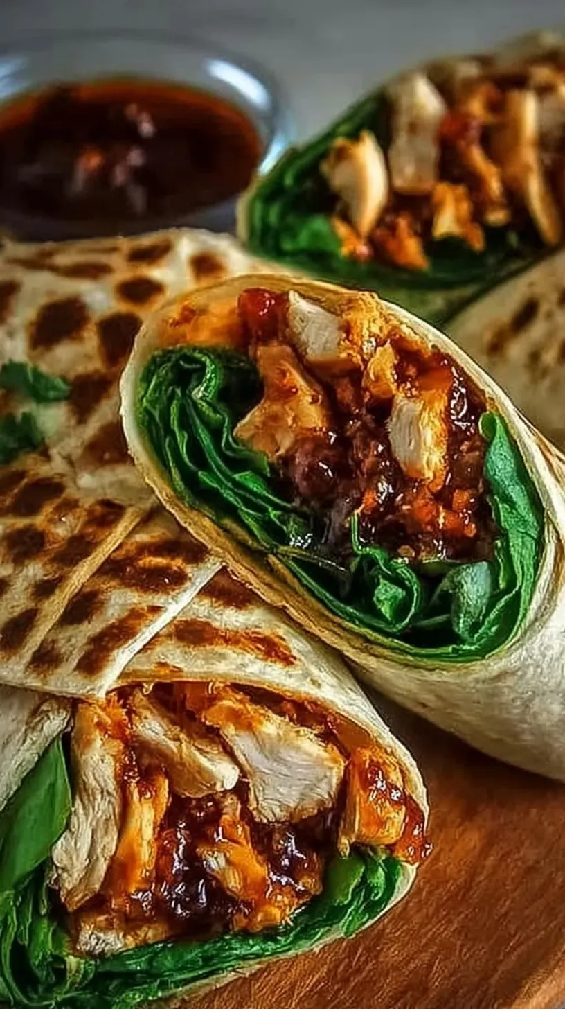 Close up of Sweet Chili Chicken Wraps filled with glazed chicken and fresh julienned vegetables.