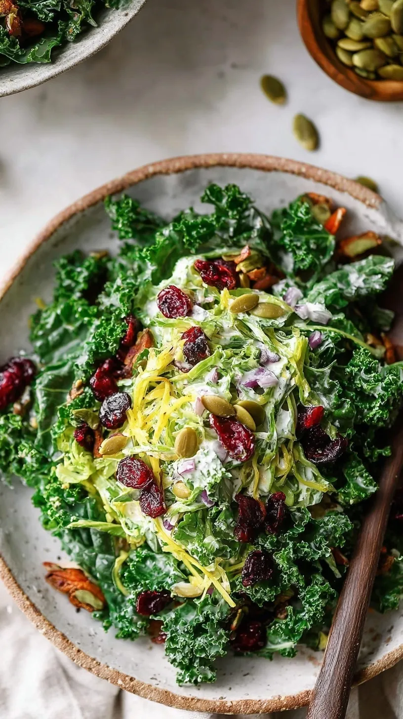A vibrant bowl of Sweet Kale Salad with cranberries and pumpkin seeds