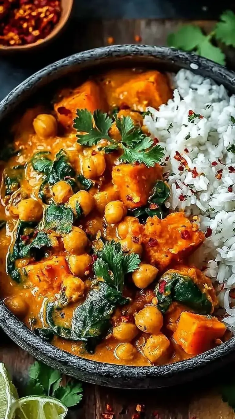 A steaming bowl of creamy yellow Sweet Potato and Chickpea Curry topped with fresh cilantro and served with a side of rice.