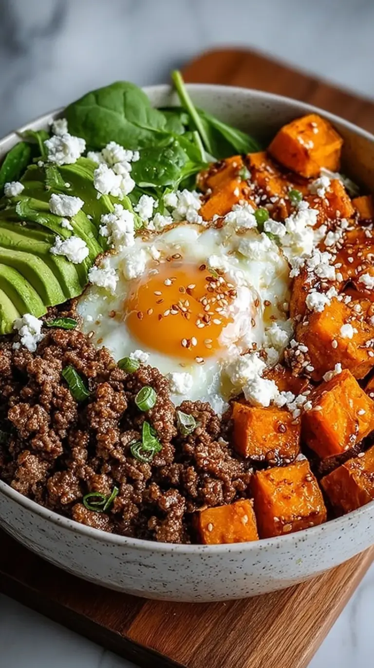 A vibrant meal prep bowl with roasted sweet potatoes, seasoned ground beef, a dollop of cottage cheese, and a drizzle of hot honey.