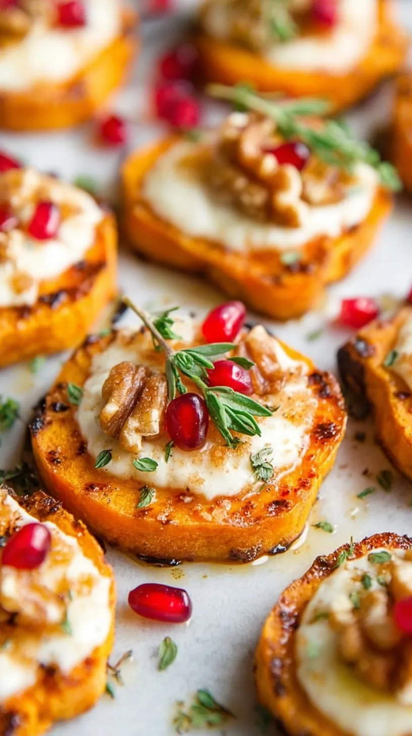 Roasted sweet potato rounds topped with goat cheese, cranberries, and balsamic glaze on a serving board