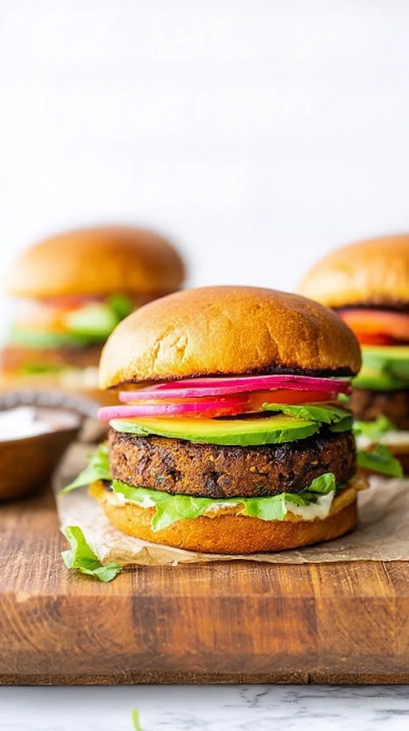 A crispy sweet potato black bean burger patty on a toasted bun with avocado and red onion