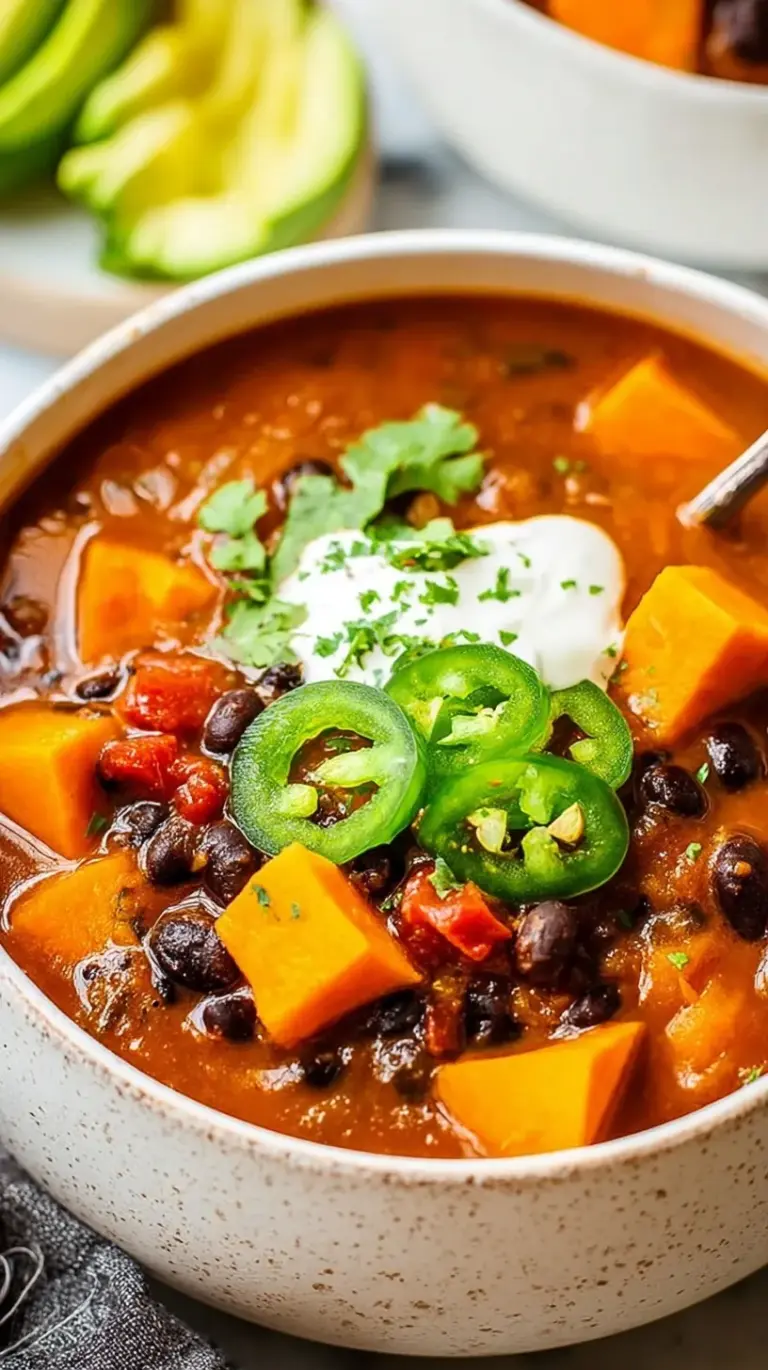A hearty bowl of sweet potato black bean chili topped with fresh avocado and cilantro.