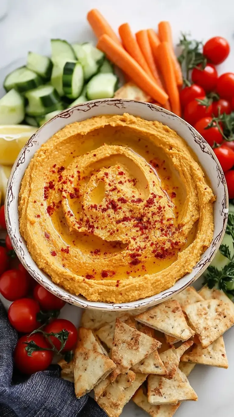 A bowl of vibrant orange sweet potato hummus garnished with olive oil and paprika