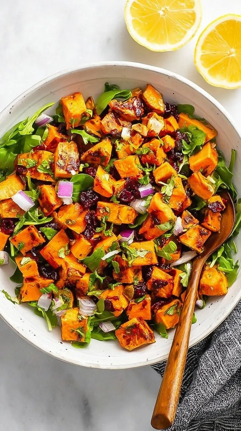 A bowl of roasted sweet potato salad with feta cheese, dried cranberries, and pumpkin seeds on a wooden table.