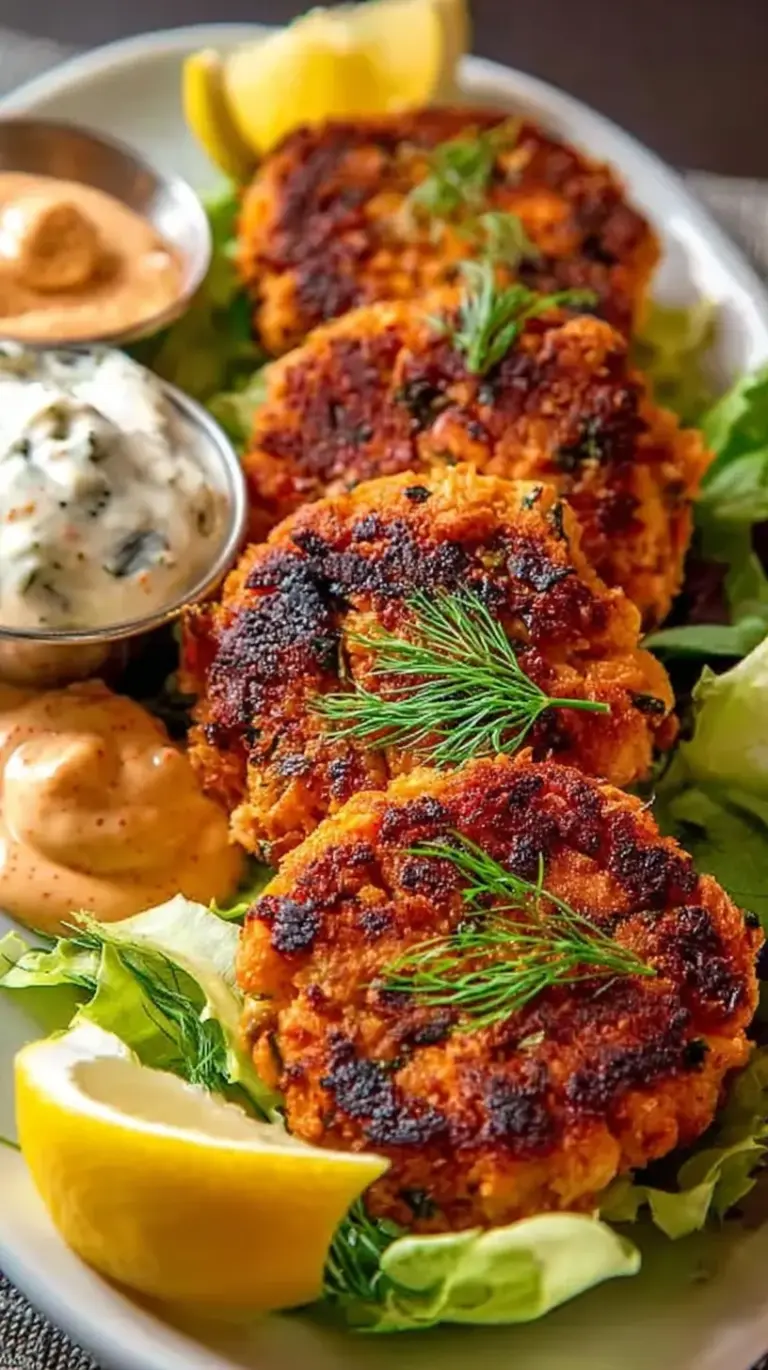 Golden brown Sweet Potato Salmon Cakes on a plate with creamy sriracha sauce and fresh dill