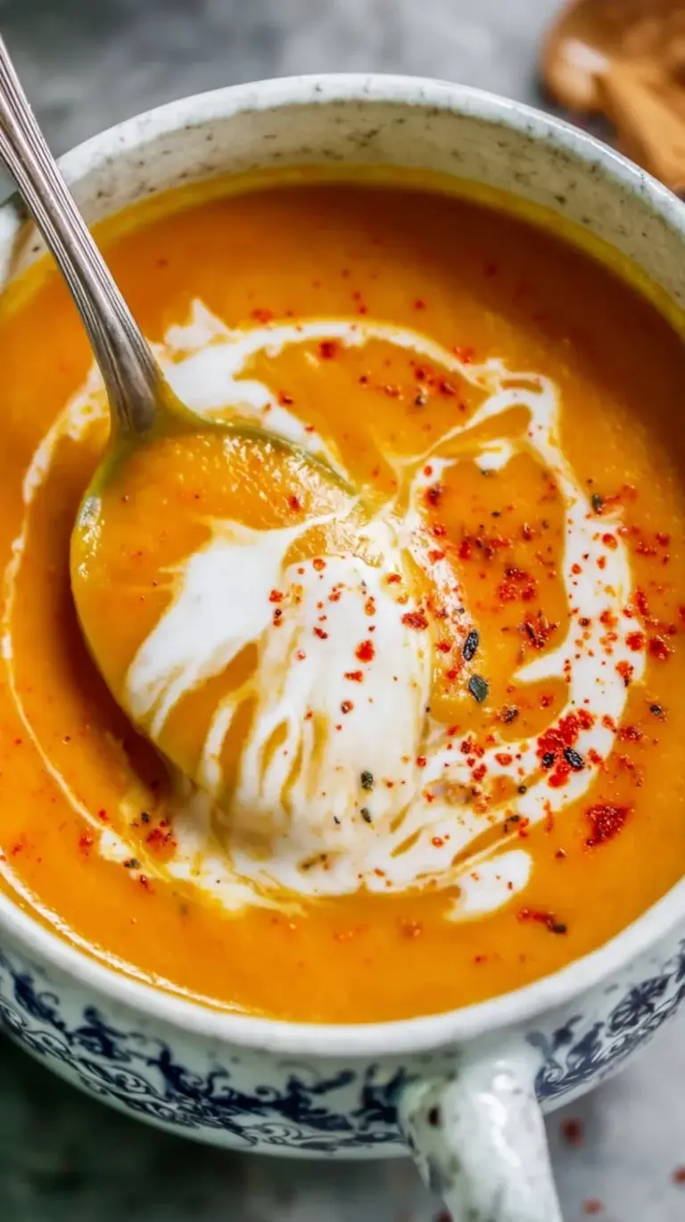 A bowl of creamy orange roasted sweet potato soup topped with a swirl of cream and fresh herbs.