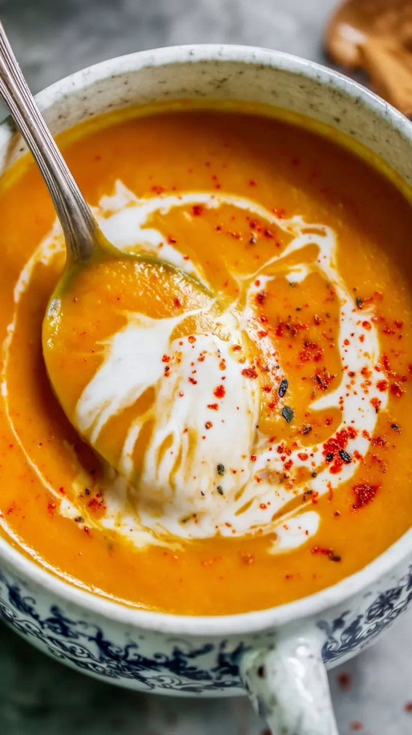 A bowl of creamy orange roasted sweet potato soup topped with a swirl of cream and fresh herbs.