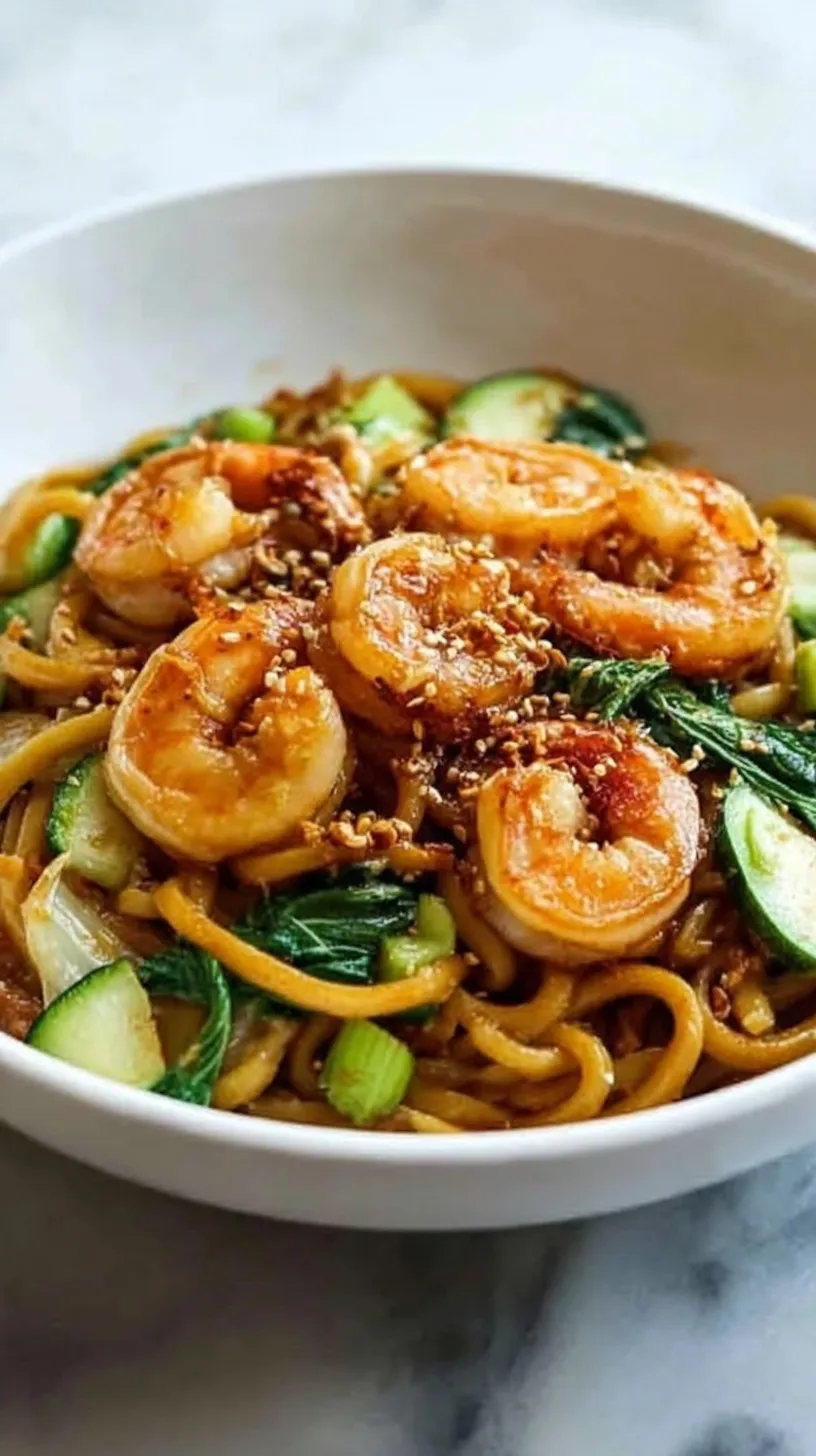 A close-up shot of spicy Szechuan Noodles with Garlic Shrimp topped with green onions in a dark bowl.