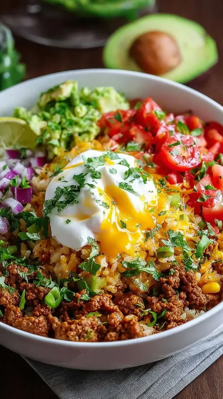 A vibrant Taco Rice Bowl topped with seasoned beef, fresh lettuce, tomatoes, cheese, and a dollop of sour cream.