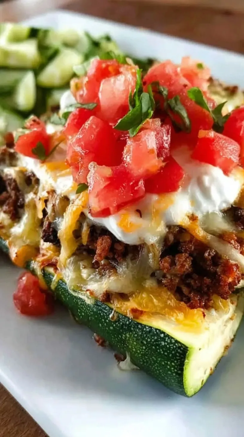 A baking dish filled with cheesy taco-stuffed zucchini boats garnished with fresh cilantro.