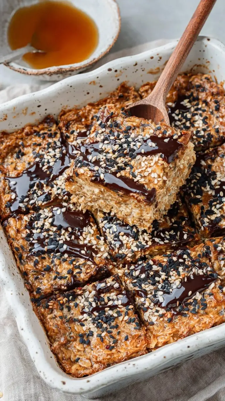 A golden brown square of Tahini Baked Oatmeal topped with toasted sesame seeds.
